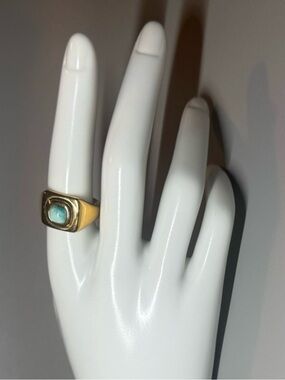 Gold Plaque Ring with Turquoise Stone - Blue Green Accent